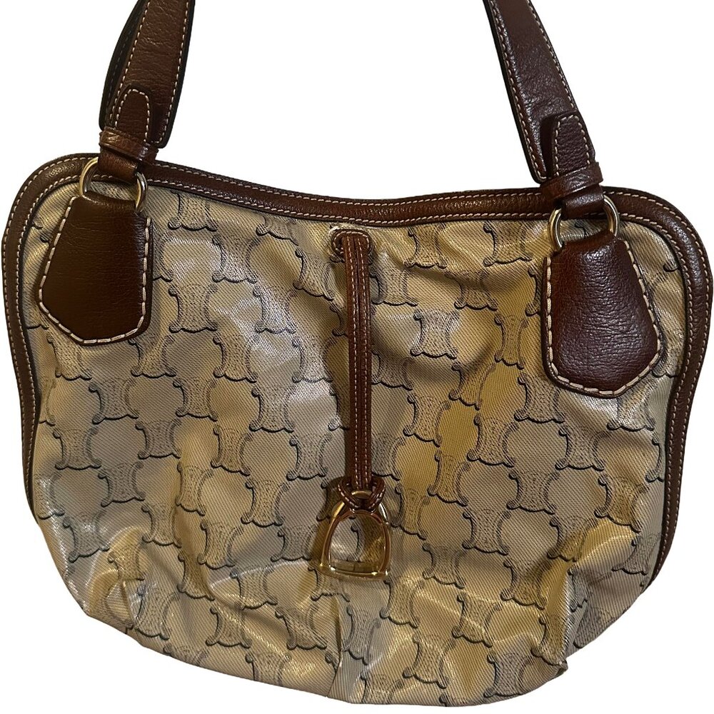 Vintage CELINE Macadam Canvas Tote Bag Beige Gold with Dust Bag